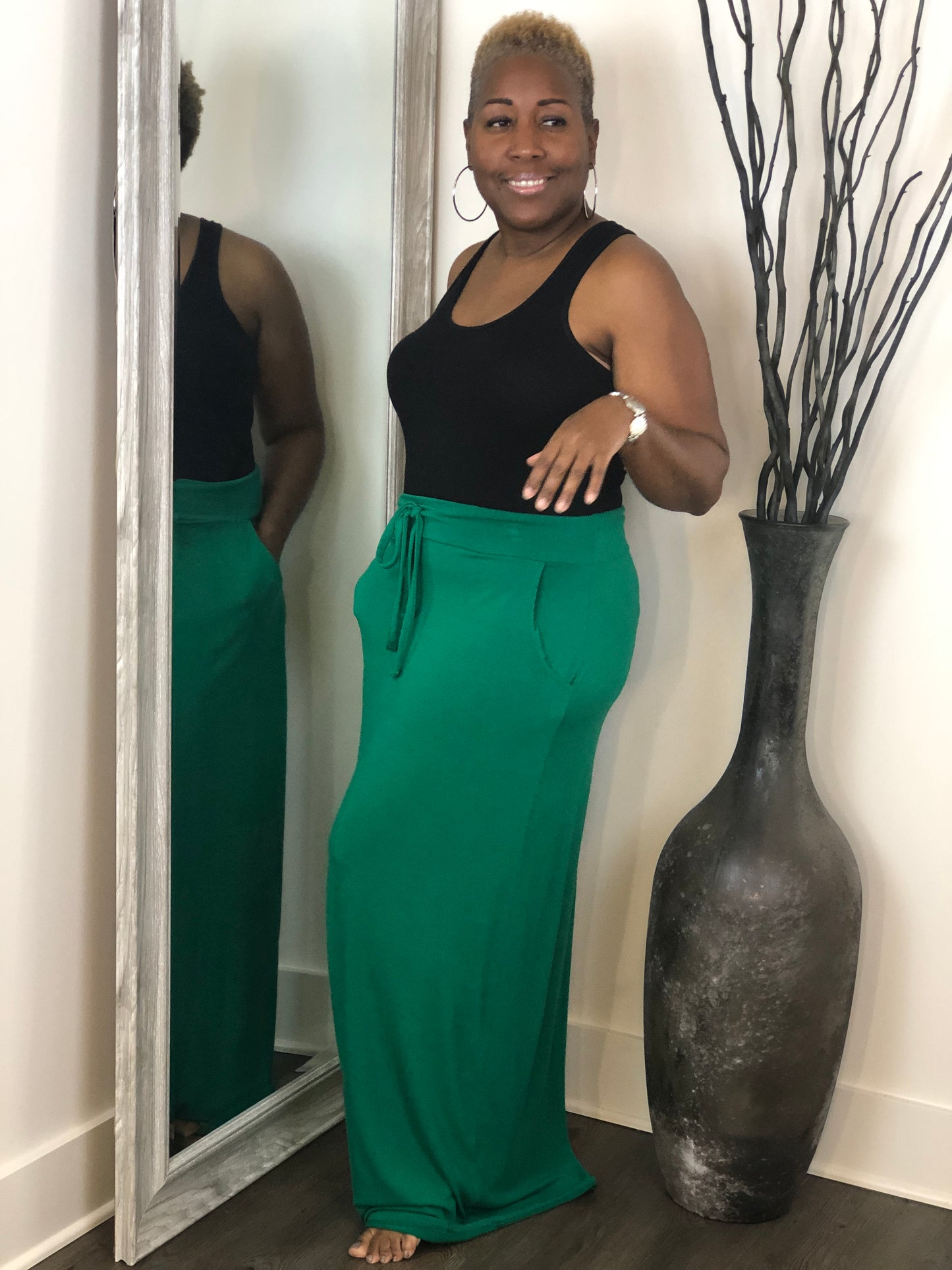 Forest Green Drawstring Maxi Skirt Curvy