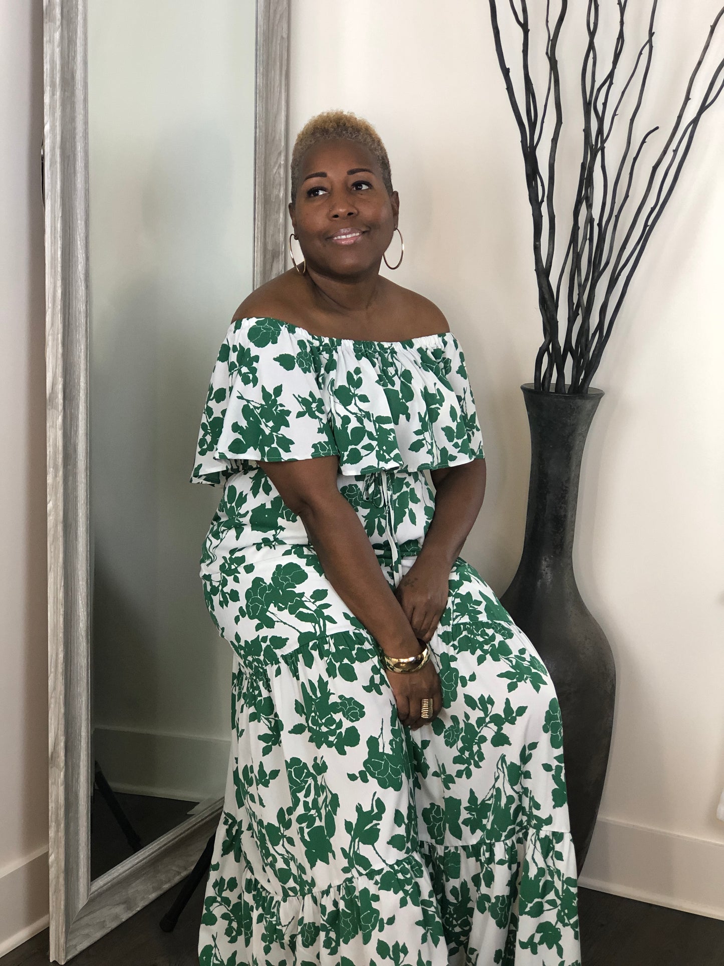 Floral Print Green/White Maxi Dress