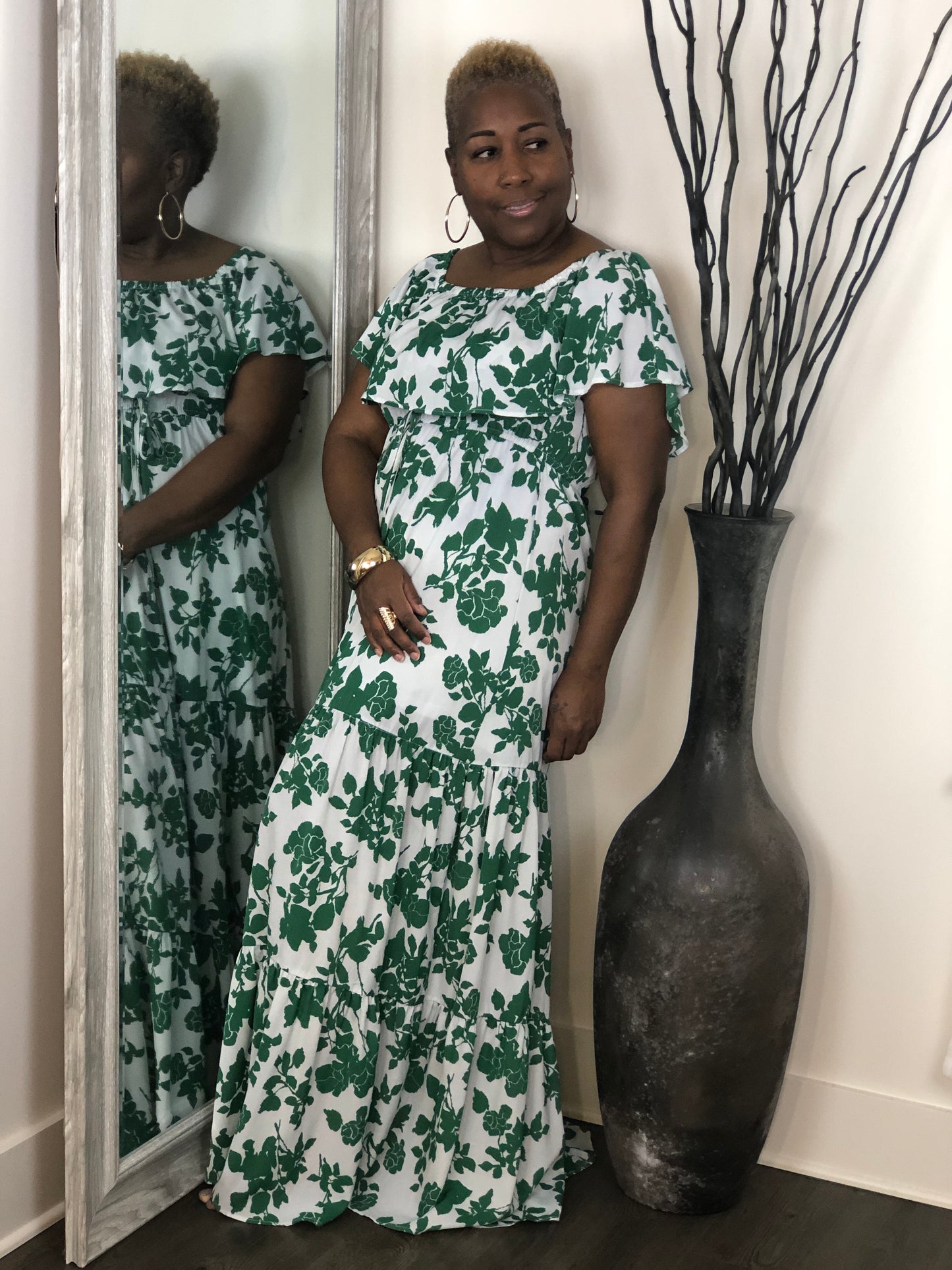 Floral Print Green/White Maxi Dress