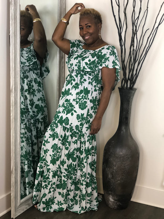 Floral Print Green/White Maxi Dress