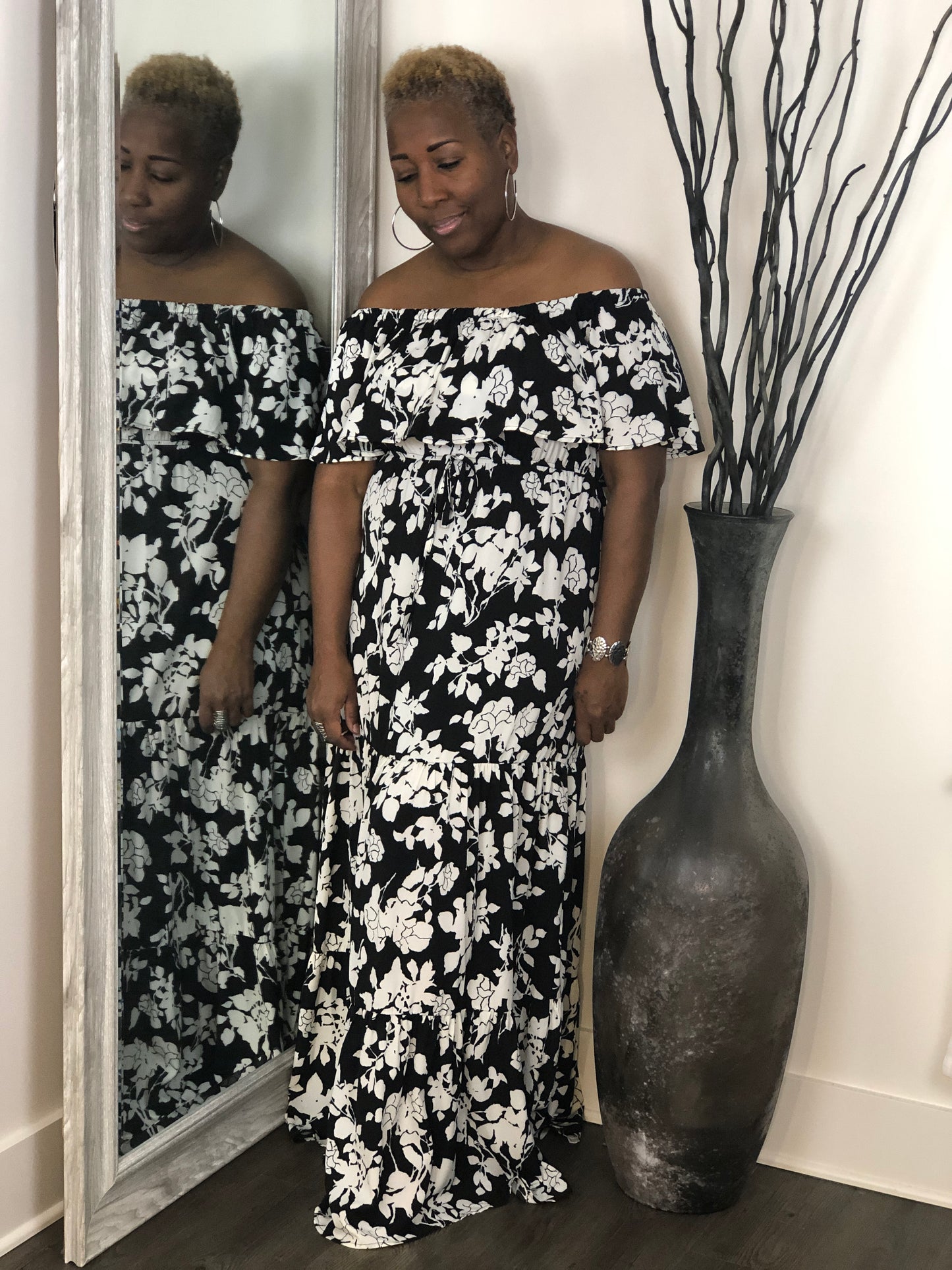 Floral Print Black/White Maxi Dress