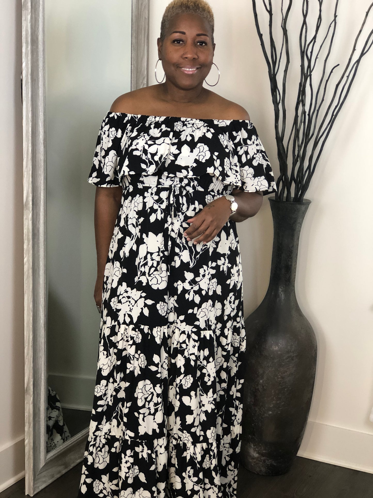 Floral Print Black/White Maxi Dress