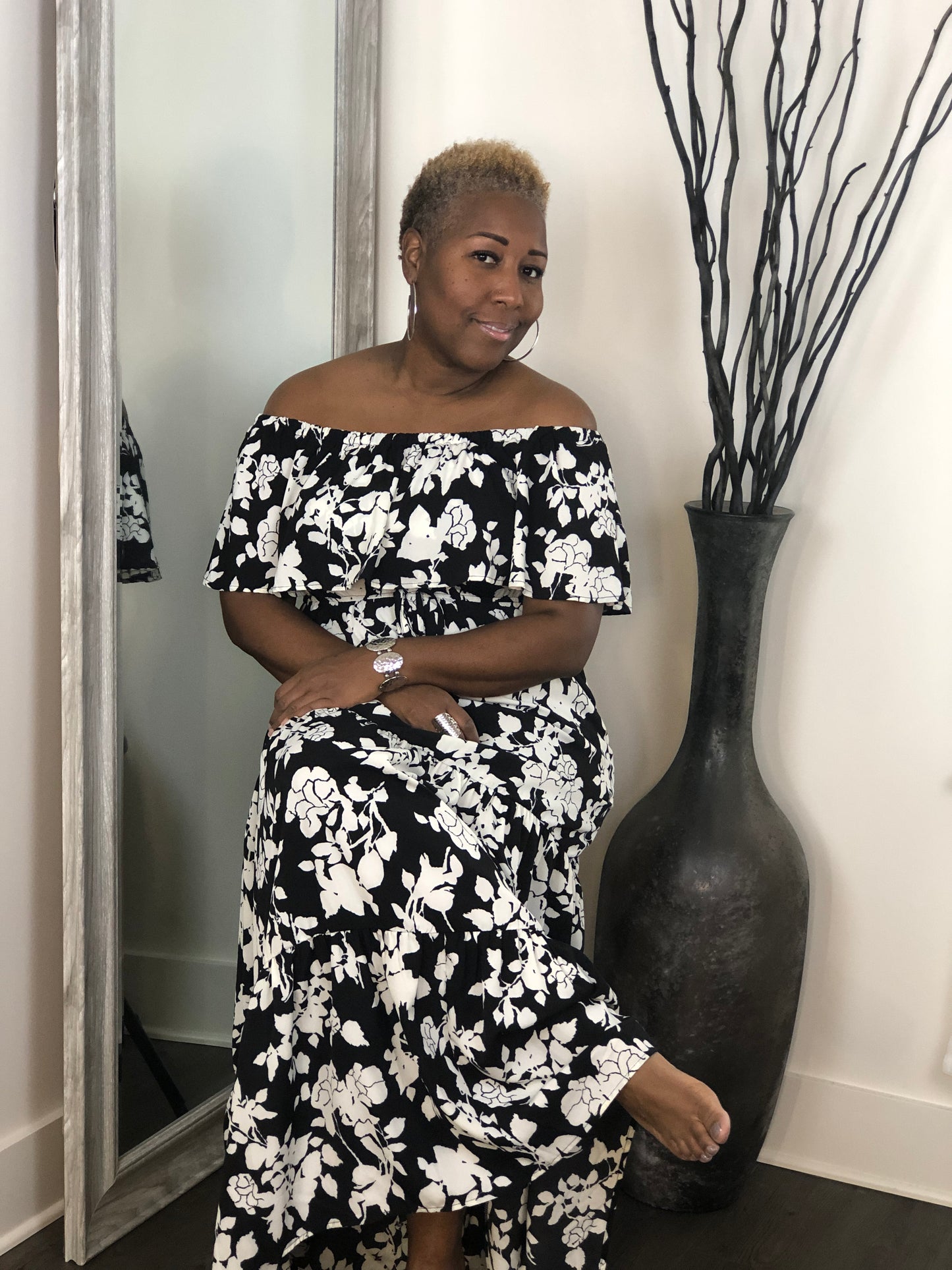 Floral Print Black/White Maxi Dress